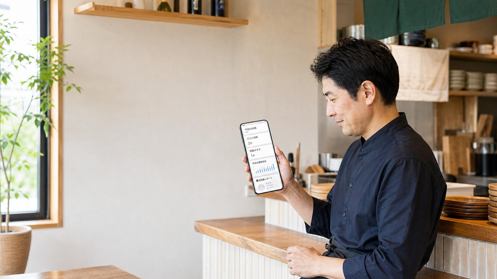 スマホでMEO運用アシスタントを確認する店舗オーナーのイメージ