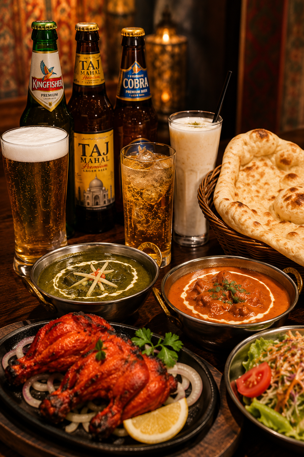 インドビールとカレー、ナンを楽しめるディナー