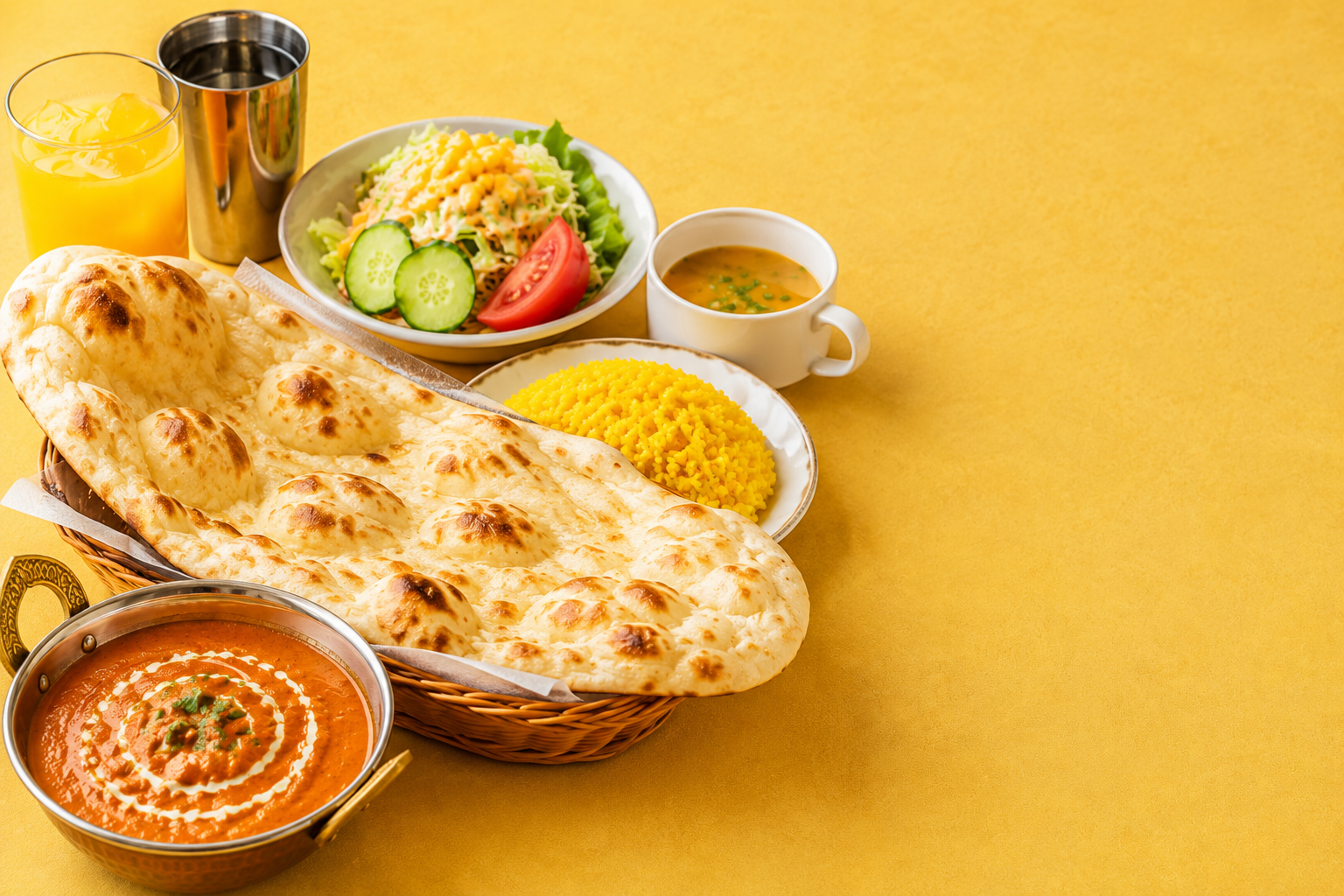 カレー、焼きたてナン、ライス、サラダのランチセット